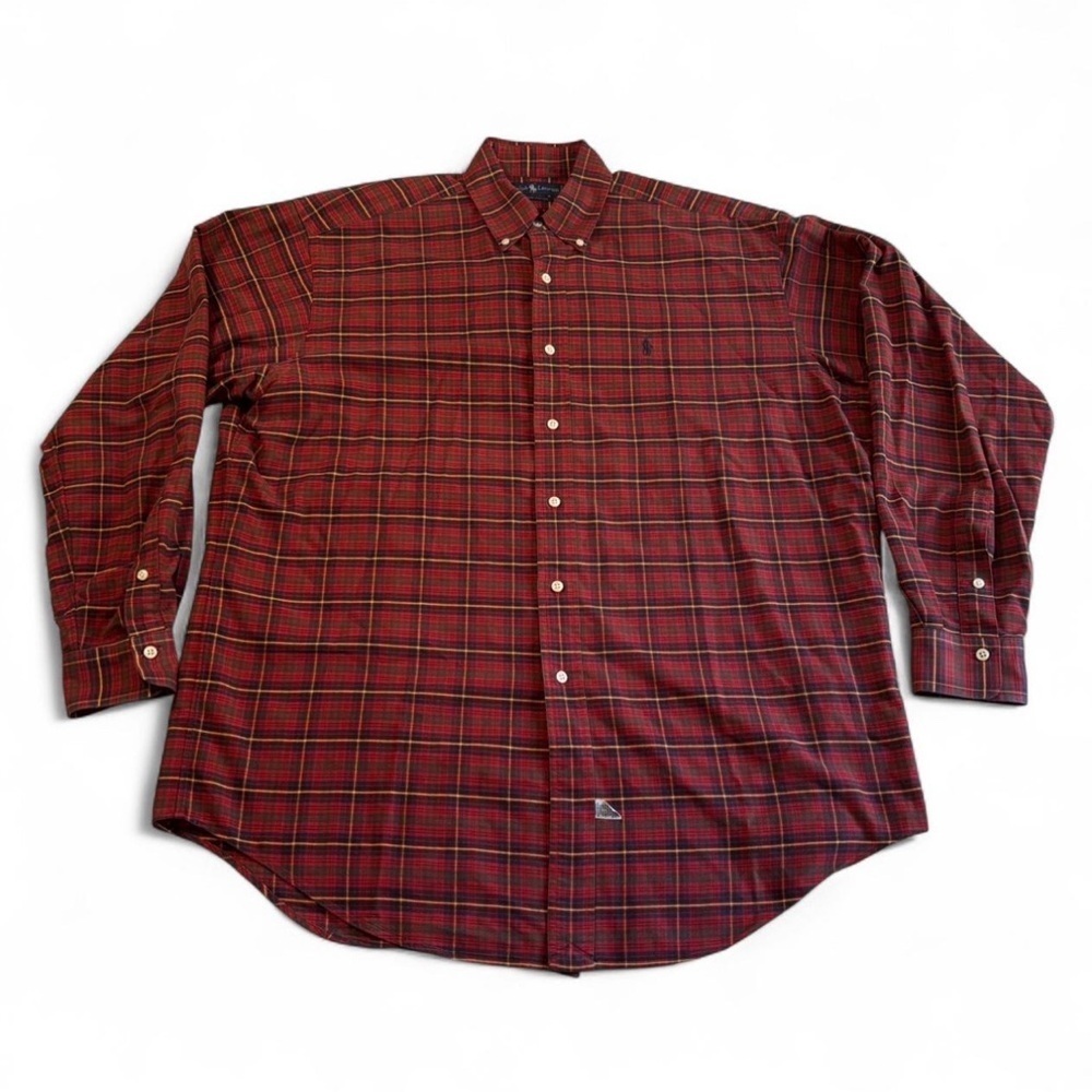 Ralph Lauren Button Down Shirt M Red Tartan Plaid Long Sleeve Cotton Classic Fit - Picture 1 of 4
